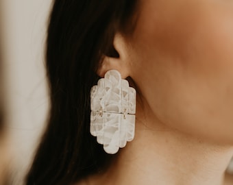 White "Quartz" Clay Earrings, Boho Bridal Earrings, Art Deco Earrings Dangle, White Statement Earrings, Gifts for Brides, Gifts for Women