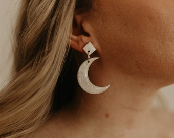 Moon Earrings Dangle and Studs, Polymer Clay Earrings, Celestial Earrings Silver, Gift for Moon Lover, Gifts for Women, Silver Moon Earrings
