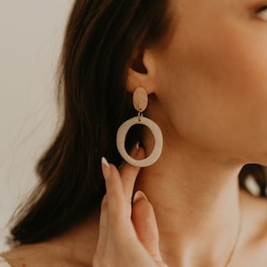 Polymer Clay Hoop Earrings, Minimalist Hoop Earrings, Boho Earrings Dangle , Gifts for Her Women, Everyday Earrings, Neutral Clay Earrings image 1
