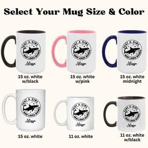 May include: White ceramic mugs with various accent colors, including black, pink, and navy blue. Each mug features a shark graphic and the text "JUST A GIRL WHO LOVES SHARKS" and the name "Alissa". Mug sizes are 11 oz and 15 oz.
