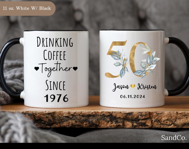 50th Anniversary Gift for Parents, Personalized 50th Wedding Anniversary Mug for Couple, Golden Anniversary Mug (SC-EHBF3367) 11 oz. white w/black