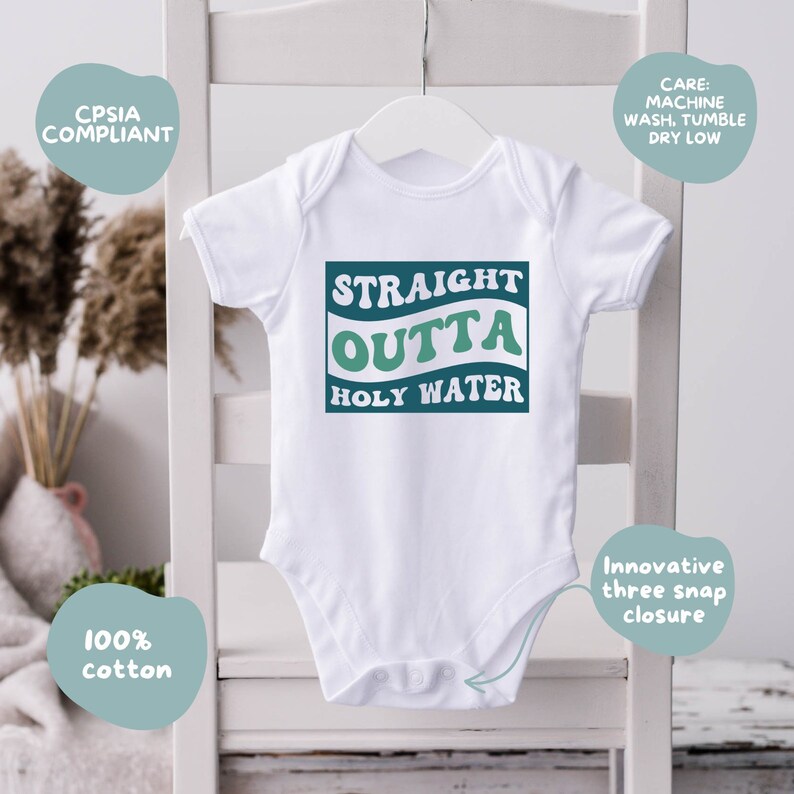 Straight Outta Holy Water Baby Bodysuit, Baby Baptism Bodysuit, Christening Baby Bodysuit, New Born Baptism Bodysuit image 4