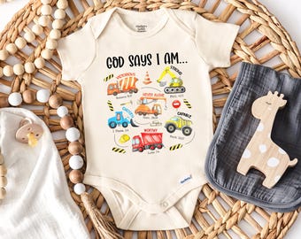 Construction Trucks Baby Onesie®, God Says I Am Baby Suit Trucks, Bible Verse Baby Gift, Baptism Gift Boy, Christian Baby Onesie® (SC-GSI37)
