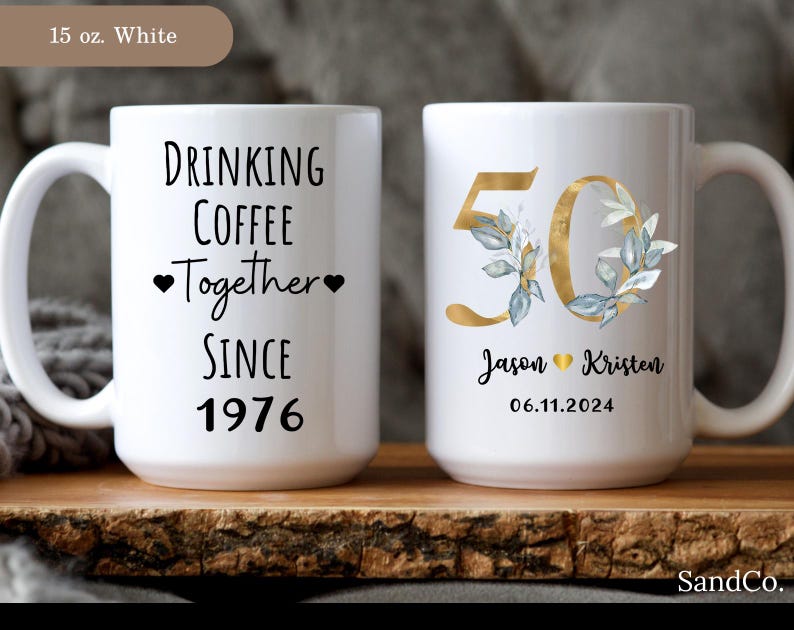 50th Anniversary Gift for Parents, Personalized 50th Wedding Anniversary Mug for Couple, Golden Anniversary Mug (SC-EHBF3367) 15 oz. white