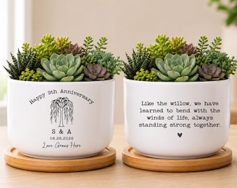 Noveno aniversario de bodas, regalo personalizado de aniversario con forma de sauce, árbol de sauce, maceta de cerámica personalizada para parejas (SC-OLWAW01)