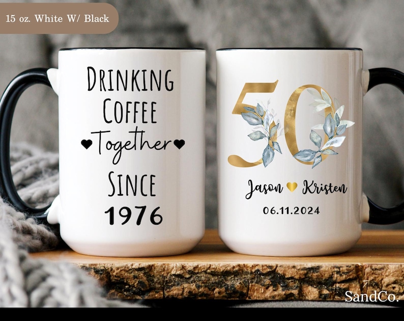50th Anniversary Gift for Parents, Personalized 50th Wedding Anniversary Mug for Couple, Golden Anniversary Mug (SC-EHBF3367) 15 oz. white w/black