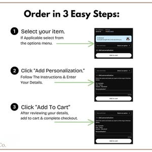 May include: An instructional graphic with the text "Order in 3 Easy Steps." The steps include selecting an item, adding personalization, and adding to cart. Each step is accompanied by a screenshot of the Etsy ordering process.