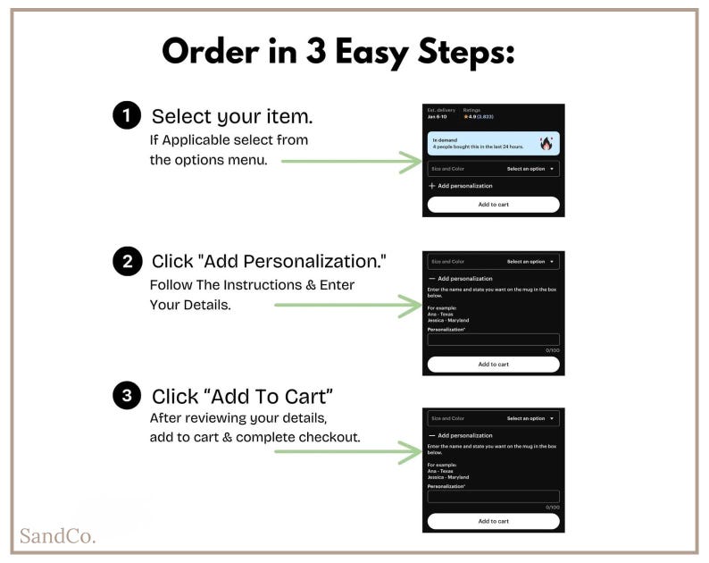 May include: An instructional graphic with the text "Order in 3 Easy Steps." The steps include selecting an item, adding personalization, and adding to cart. Each step is accompanied by a screenshot of the Etsy ordering process.