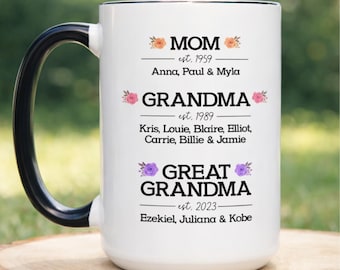 Personalized Great Grandma Mug with Grandkids Names, Floral Great Grandma Est Mug, Mother’s Day Gift for Great Grandma