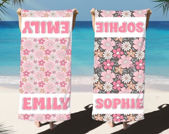 Retro Floral Beach Towel, Retro Pool Beach Towel With Name, Custom Retro Floral Pool Towel, Personalized Towel Bachelorette Party Gift
