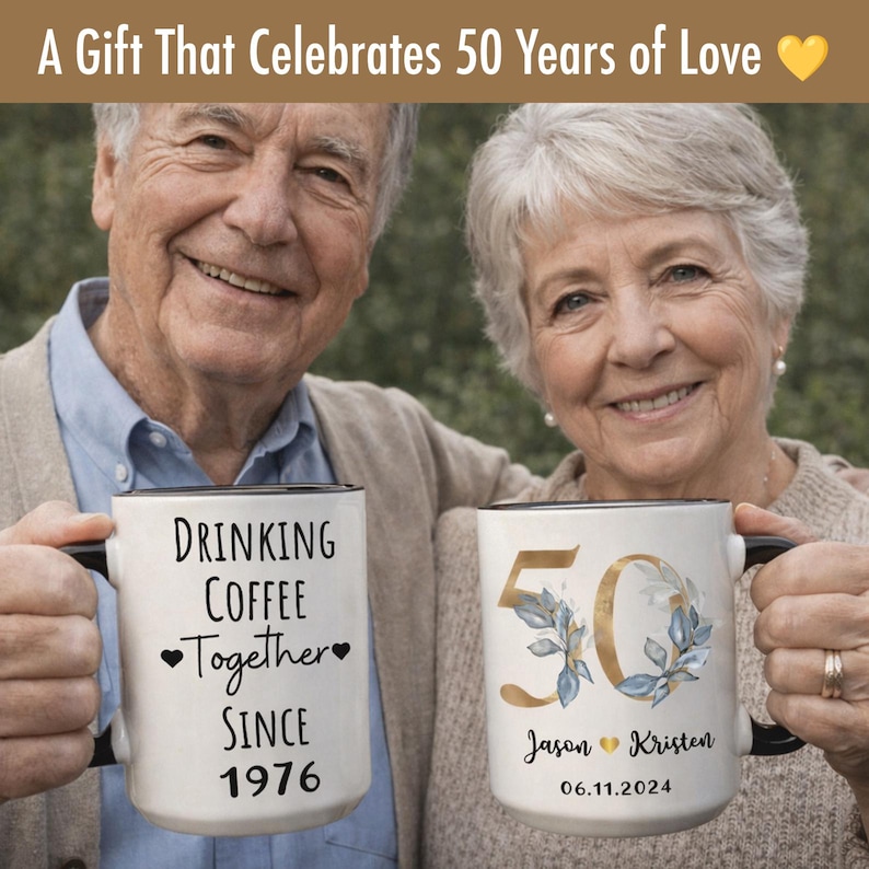 50th Anniversary Gift for Parents, Personalized 50th Wedding Anniversary Mug for Couple, Golden Anniversary Mug (SC-EHBF3367) image 3