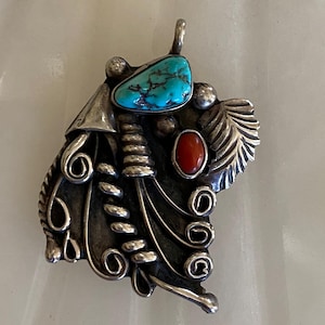 Turquoise, Coral Sterling Silver Indian Style Pendant marked &quot;JC&quot;