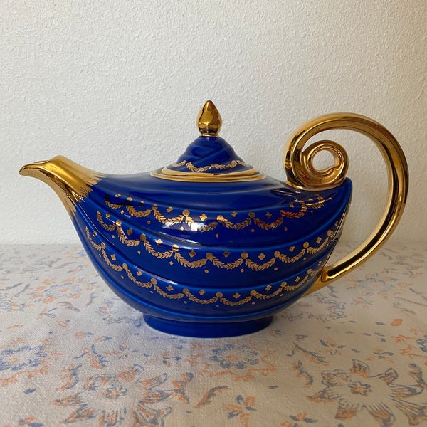 Hall Cobalt Blue Aladdin Tea Pot with Swag Gold Trim