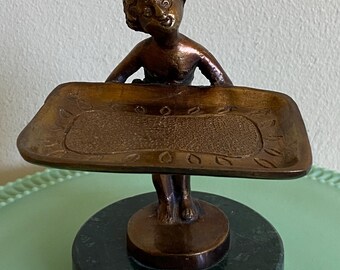 Vintage Brass Boy with Tray on Green Marble Base Trinket and or Card Holder