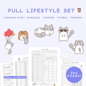 Pode incluir: Um conjunto de planejadores imprimíveis com mais de 30 páginas com ilustrações de gatos adoráveis. O conjunto inclui páginas para estudo de idiomas, horários, culinária, fitness e finanças.
