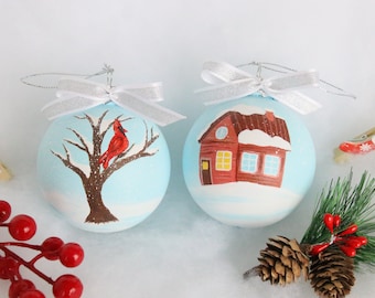 Hand Painted Shatterproof Red Cardinal Christmas Ornament & Bauble Set - Christmas Gifts - Winter Holiday Decor