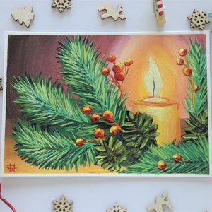 Originele aquarel kerst winterkaars schilderij & kunst - 5 x 7 inch - Handgeschilderde kerstwenskaart - Kerstcadeau