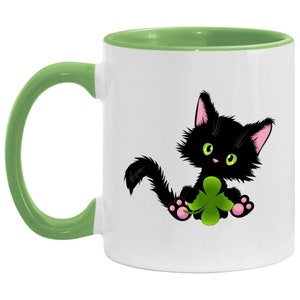 Lucky the Black Cat with 4-Leaf Clover - Good Luck Mug, St Patrick&#39;s Day Mug, Gift for Cat Lover, Shamrock