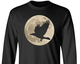 Raven Moon Long Sleeve T-Shirt / Gift for Raven Collector, Edgar Allen Poe fan, Corvidae Men or Women