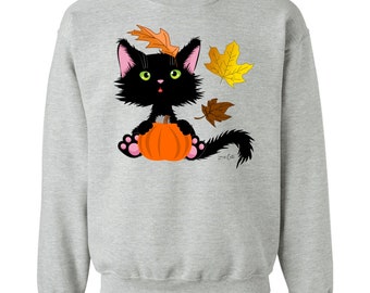 Black Cat with Pumpkin Sweatshirt, Gift for Cat Lover Women, Autumn Shirt, Comfy Fall Sweatshirt, Cat with Fall Leaves