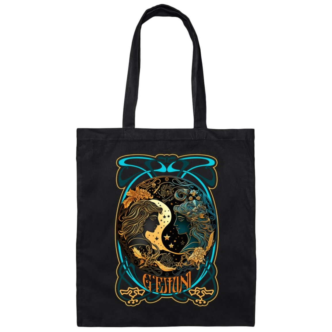 Art Nouveau Gemini Canvas Tote Bag Boho Zodiac Art Gift for Gemini