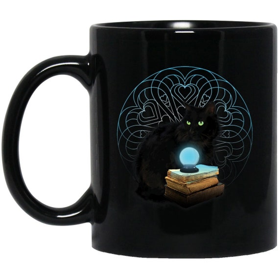 Black Cat Mug, Midnight Magic, Cat with Crystal Ball and Mandala