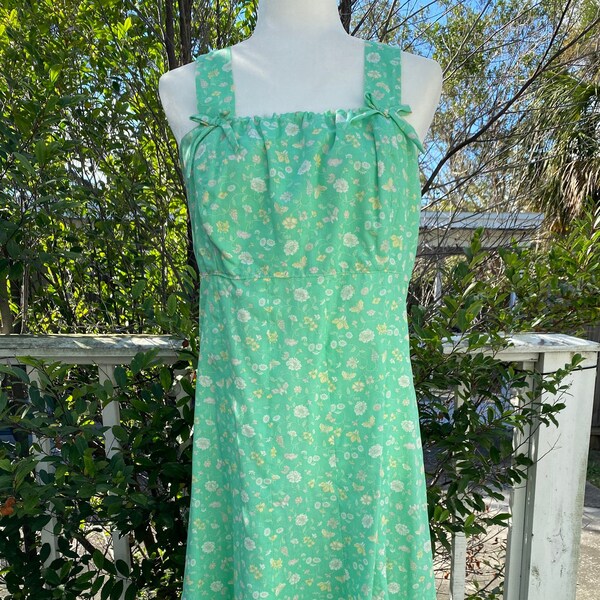 Vintage, mint green, floral and butterflies handmade dress 60s/70s