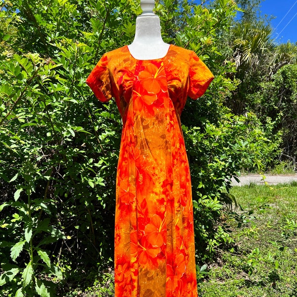 Vintage 1970s, Hukilau Fashions, Orange Hawaiian Maxi Dress