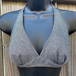 Vintage 70s/ Union label/ black and silver/ metallic/ bikini top/ hippie/swimwear