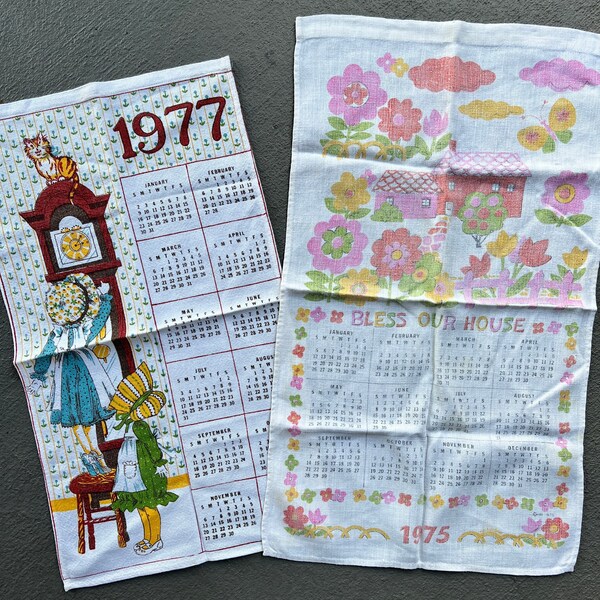 Set of 2, vintage 1975/1977 calendar towels