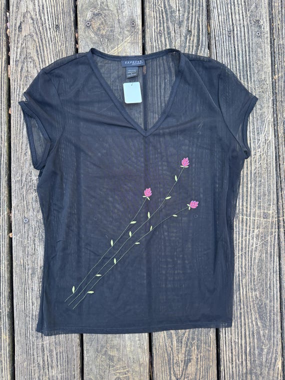 90s Y2K 2000s Express Sheer Mesh Floral Top - image 4