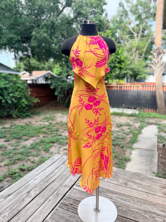 sue wong halter dress 2000s Floral Silk Bias Midi Burgschneider Overdresses