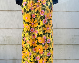 Vintage 1960s Handmade Floral Linen Halter Dress