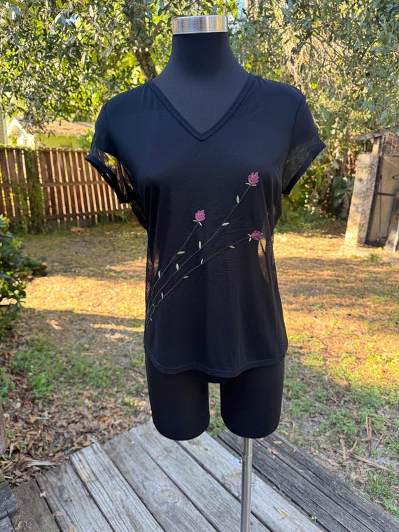 90s Y2K 2000s Express Sheer Mesh Floral Top - image 1