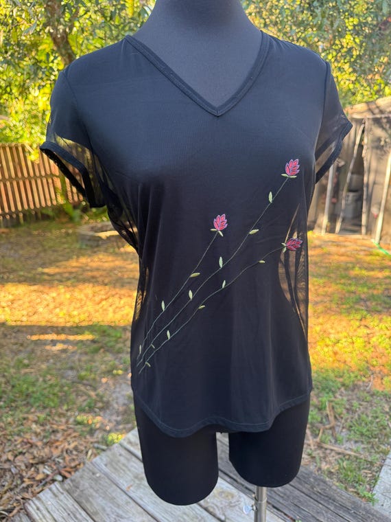 90s Y2K 2000s Express Sheer Mesh Floral Top - image 2