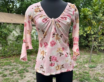 2000s Y2K Pink Semi Sheer Floral Eyeshadow Blouse Top