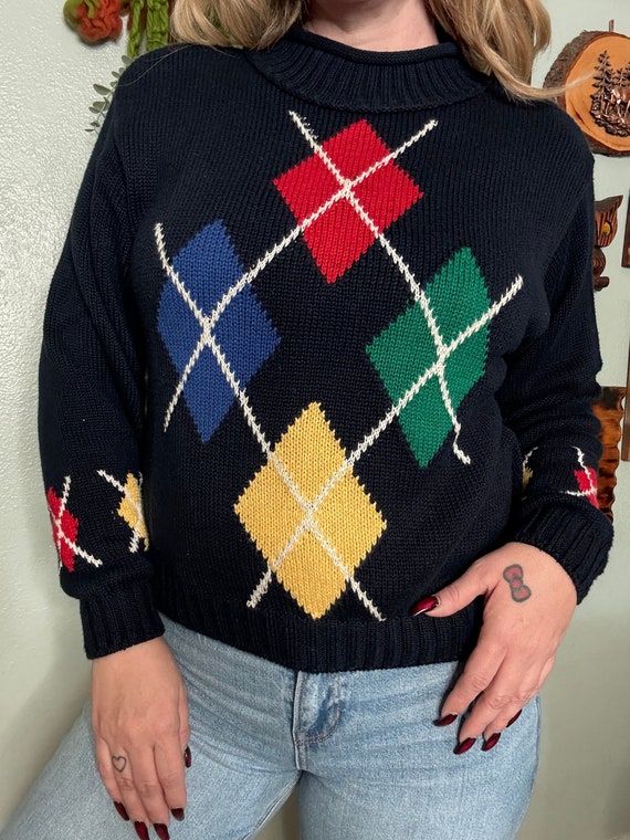 1990s LizSport Petite Argyle Pullover Sweater