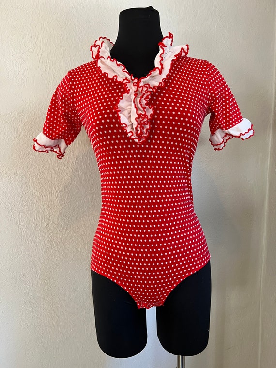 Vintage 70s Radlee Nylon Bodysuit Red White Polka Dot… Gem