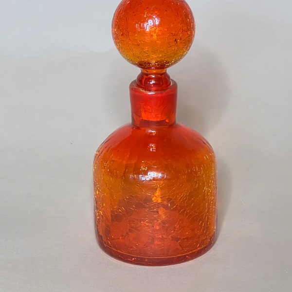 Vintage MCM Orange Tangerine Crackle Glass Decanter Ball Stopper