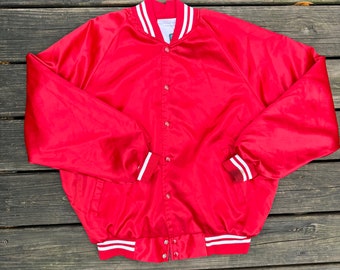 Vintage 1980s Auburn Sportswear Red Satin Bomber Jacket Athletic Sports