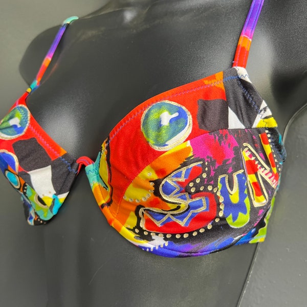 Vintage 90s, abstract, Music Sun, underwired bikini top. Swimsuit/swimwear