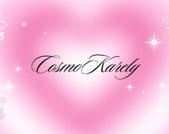 May include: A pink background with a heart-shaped gradient and the text "Cosmo Karely" in elegant cursive. White starbursts and decorative elements, including bows and stars, are scattered around the edges, creating a whimsical design.