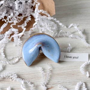 Personalized Ceramic Fortune Cookie: Soft Blue Speckled Clay Gift