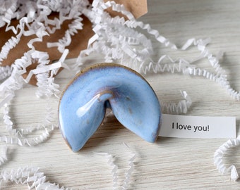 Ceramic Fortune Cookie- Personalized Gift - Soft Blue - Speckled Clay