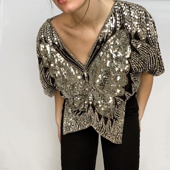 Vintage 1980s Silk and Sequin Butterfly Top, Disco