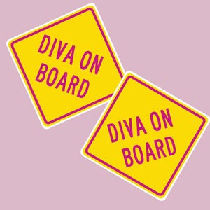 May include: Two yellow square stickers with rounded corners, each featuring the text "DIVA ON BOARD" in magenta. The stickers have a magenta border and a white outline, set against a light purple background.