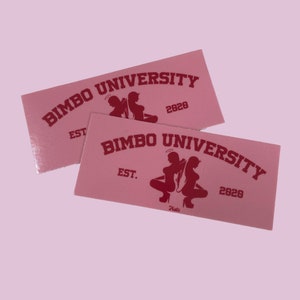 May include: Two pink stickers with the text "BIMBO UNIVERSITY" in red lettering. The stickers feature a graphic of two women with angel wings and halos. The text "EST." and "2020" are also included on the stickers.