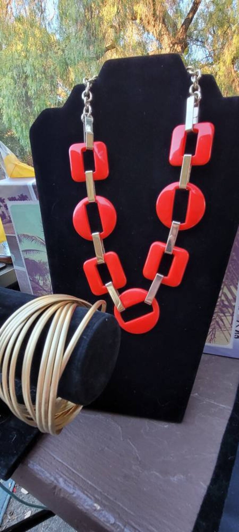 Vintage 80s Fashion Gold Tone Bangles with a Neon Orange Ann Taylor Necklace Retro Fashion Jewelry Set