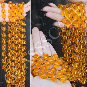 5Ft Golden orange Glass 12Mm Bead Strand Prism Faceted Chain Part Brass Lamp