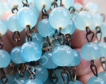 Rare 20" glass bead macaroni prism chain strand part Opaline Blue brass for lamp for jewelry making arts and crafts